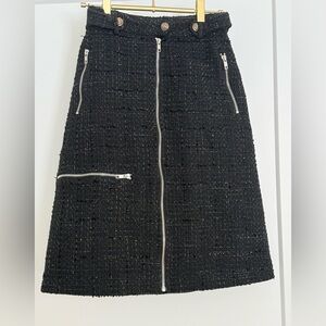 Elegant Black Tweed A-Line Skirt with Zipper Accents